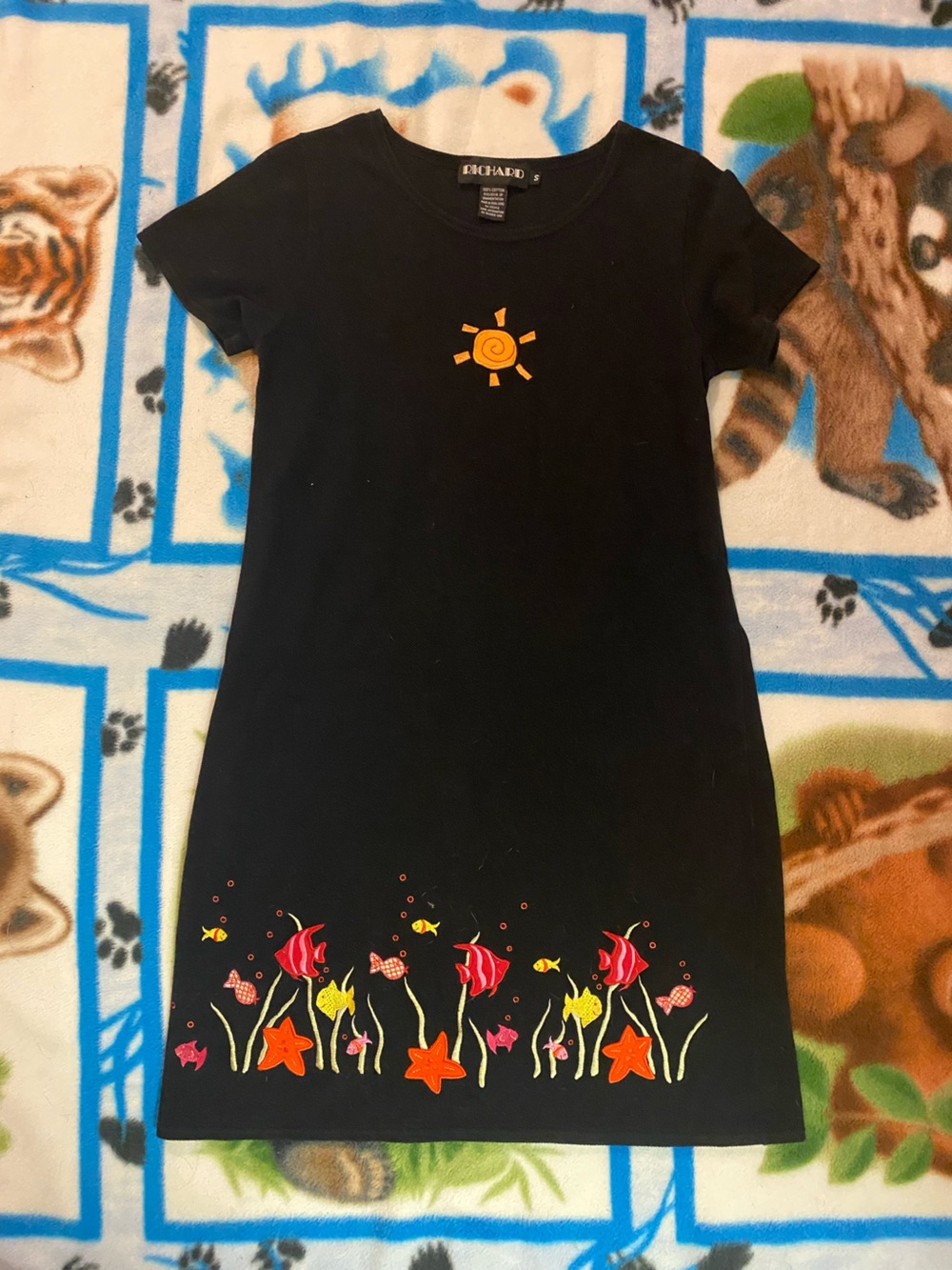 Black Vintage Dress with Orange Sun & Colorful Fish Print